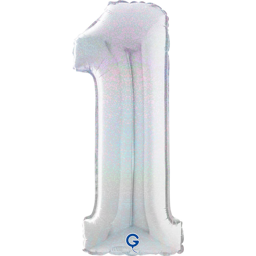 Cijfer 1 Glitter Holografisch Zilver 66cm