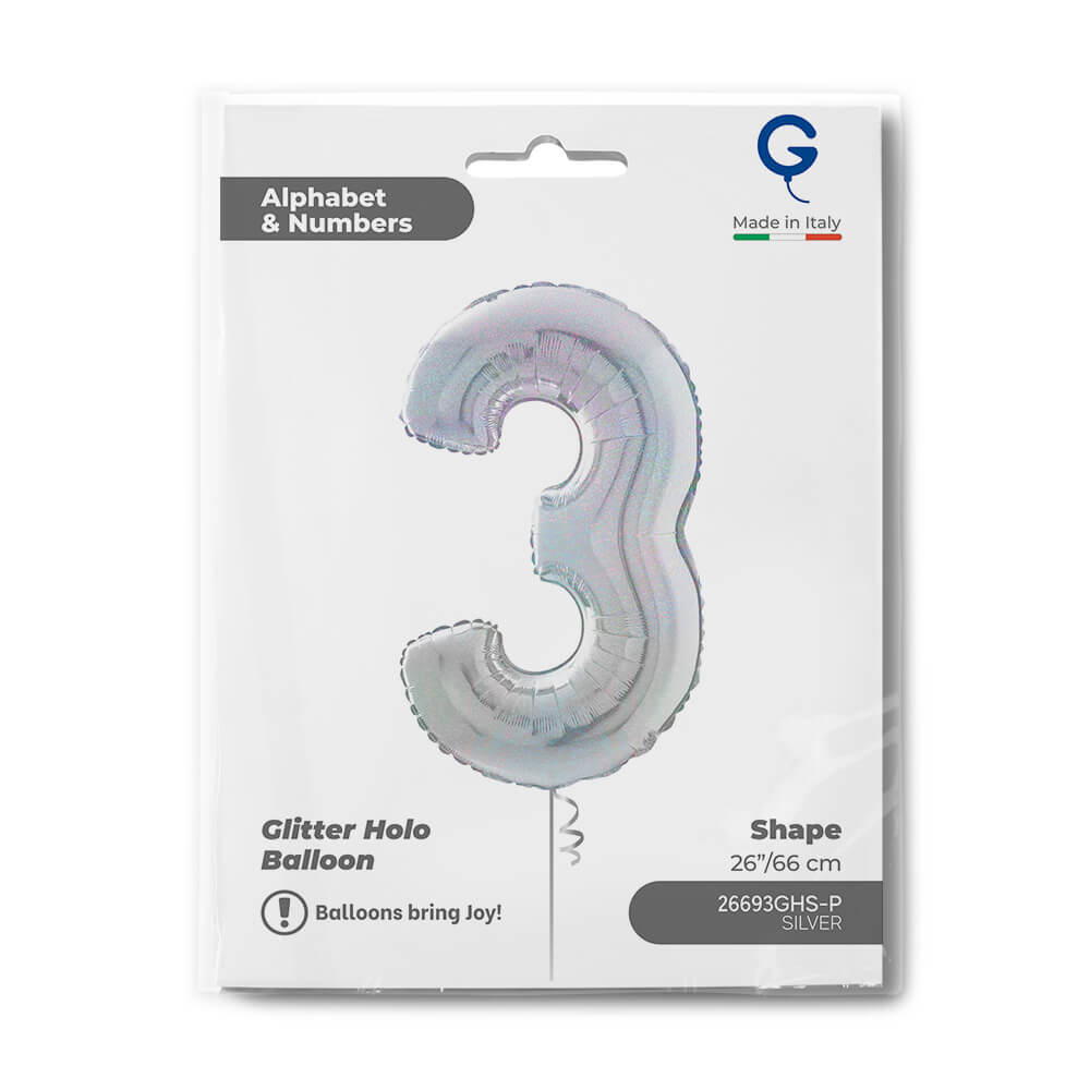 Cijfer 3 Glitter Holografisch Zilver 102cm - Afbeelding 2