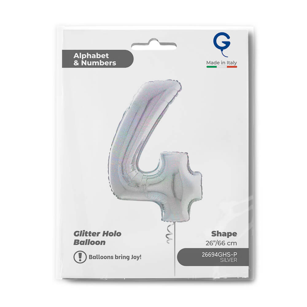 Cijfer 4 Glitter Holografisch Zilver 66cm - Afbeelding 2