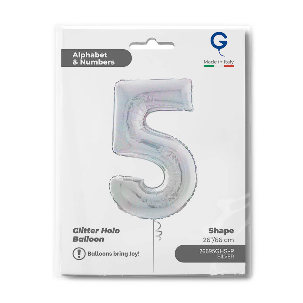 Cijfer 5 Glitter Holografisch Zilver 102cm - Afbeelding 2