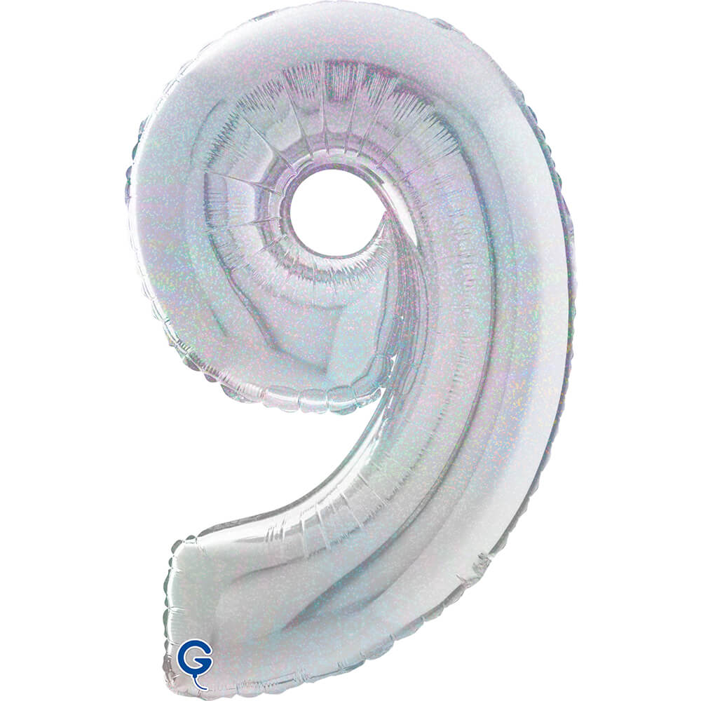 Cijfer 9 Glitter Holografisch Zilver 66cm