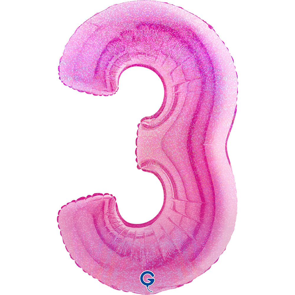 Cijfer 3 Glitter Holografisch Fuxia 102cm