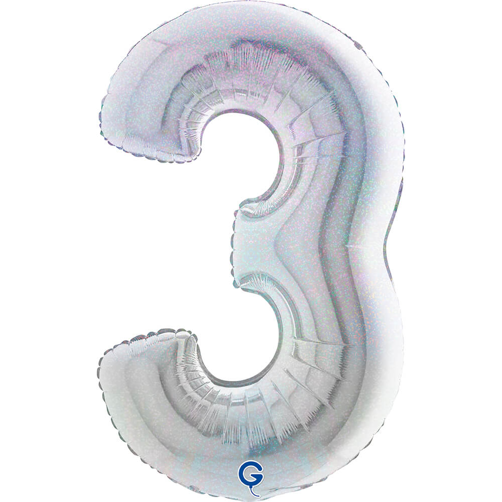 Cijfer 3 Glitter Holografisch Zilver 102cm