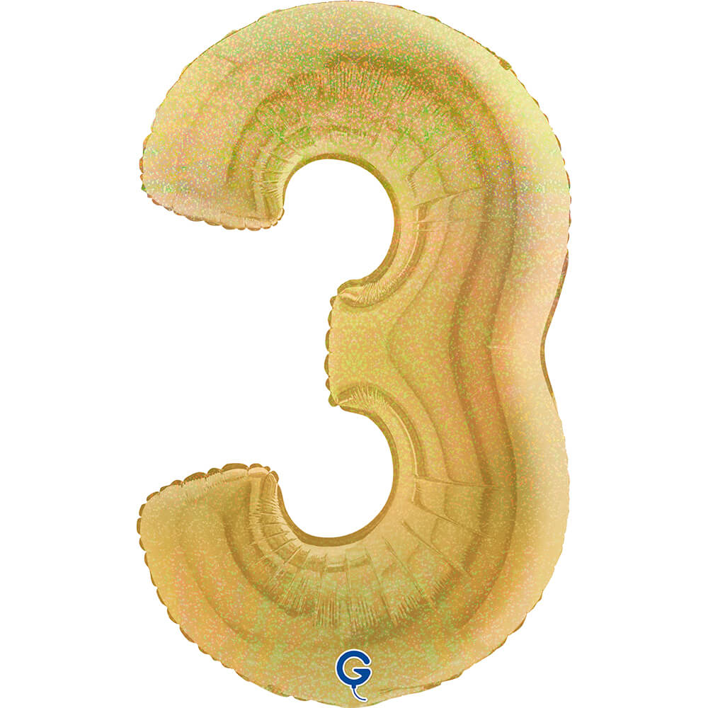 Cijfer 3 Glitter Holografisch Goud 5 102cm