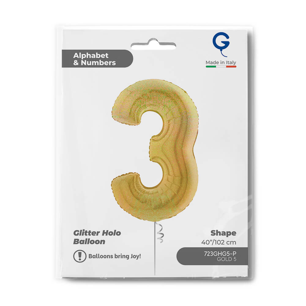 Cijfer 3 Glitter Holografisch Goud 5 102cm - Afbeelding 2