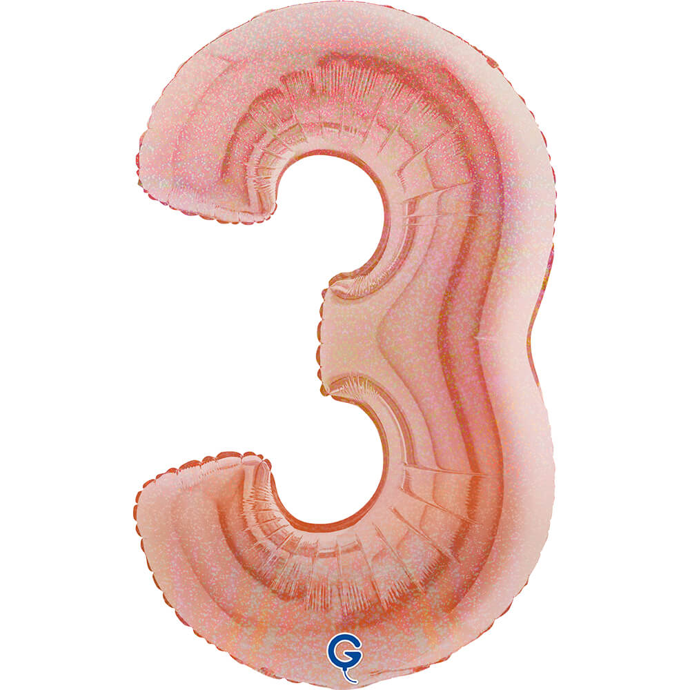 Cijfer 3 Glitter Holografisch Rosé Goud 102cm